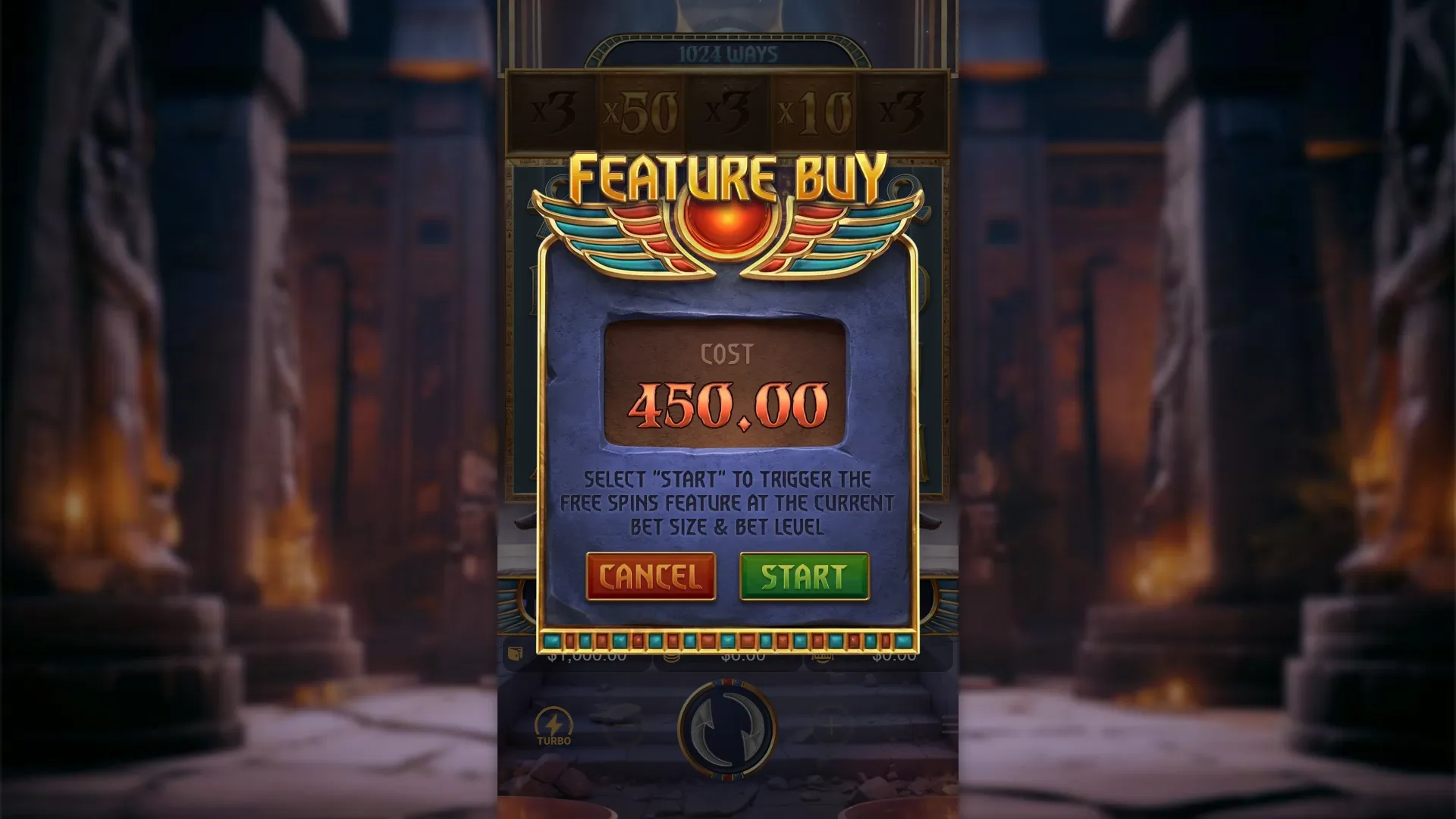 Anubis Wrath FEATURE BUY dialog showing the Free Spins purchase COST of 450.00 with START and CANCEL buttons