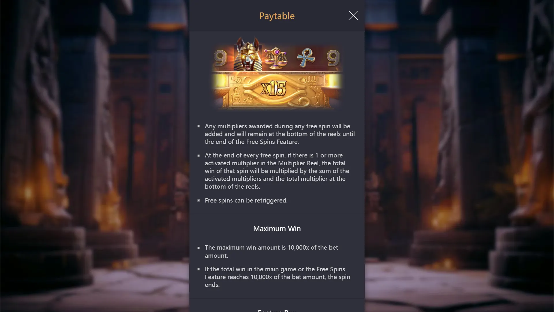 Anubis Wrath FREE SPINS feature rules showing multiplier accumulation mechanic and scatter trigger conditions