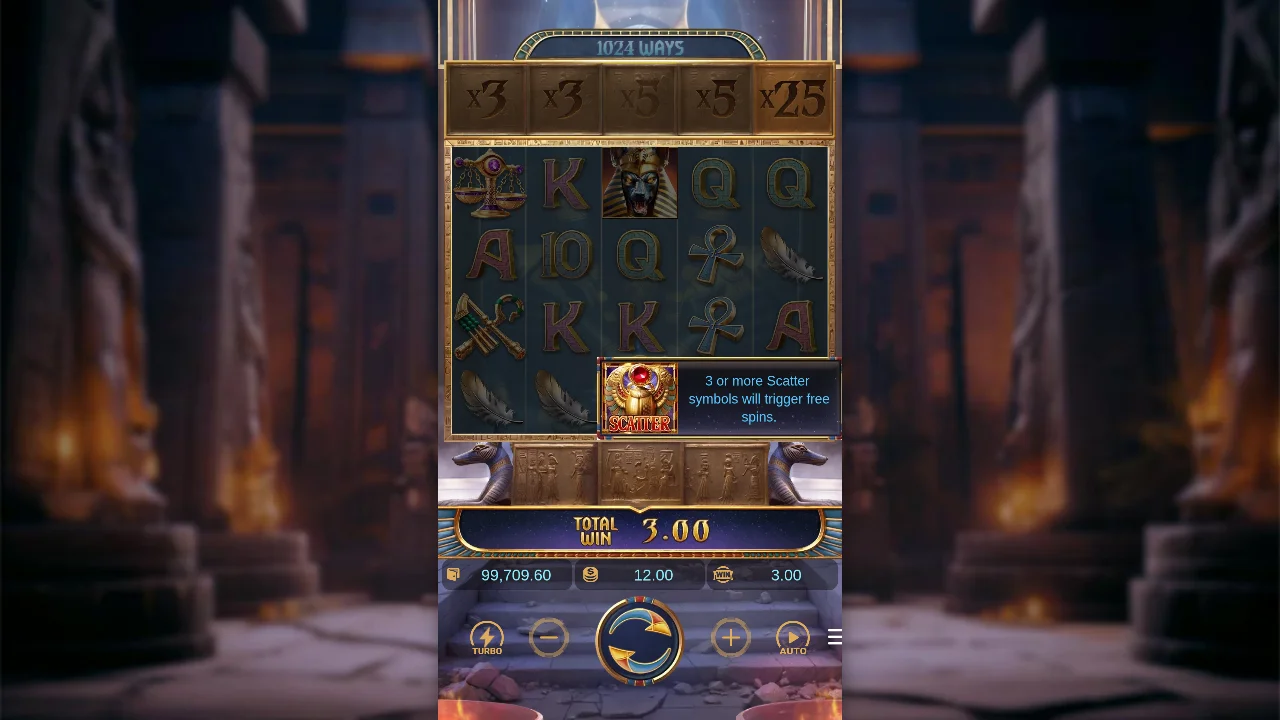 Anubis Wrath session at spin ~100, balance 99,709.60 shown on screen
