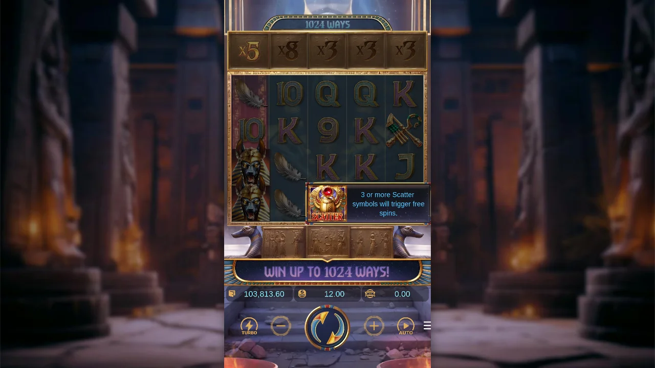 Anubis Wrath session at spin ~600, balance 103,813.60 shown on screen