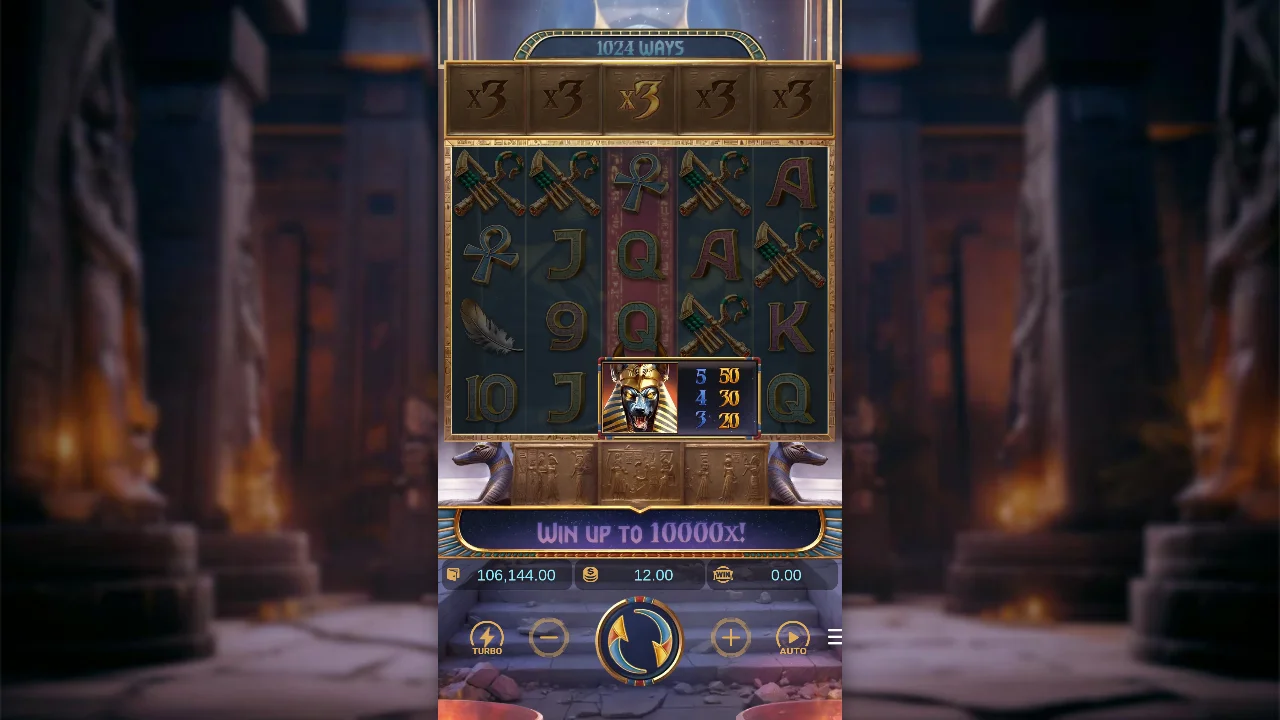 Anubis Wrath session at spin ~1000, balance 106,144.00 shown on screen